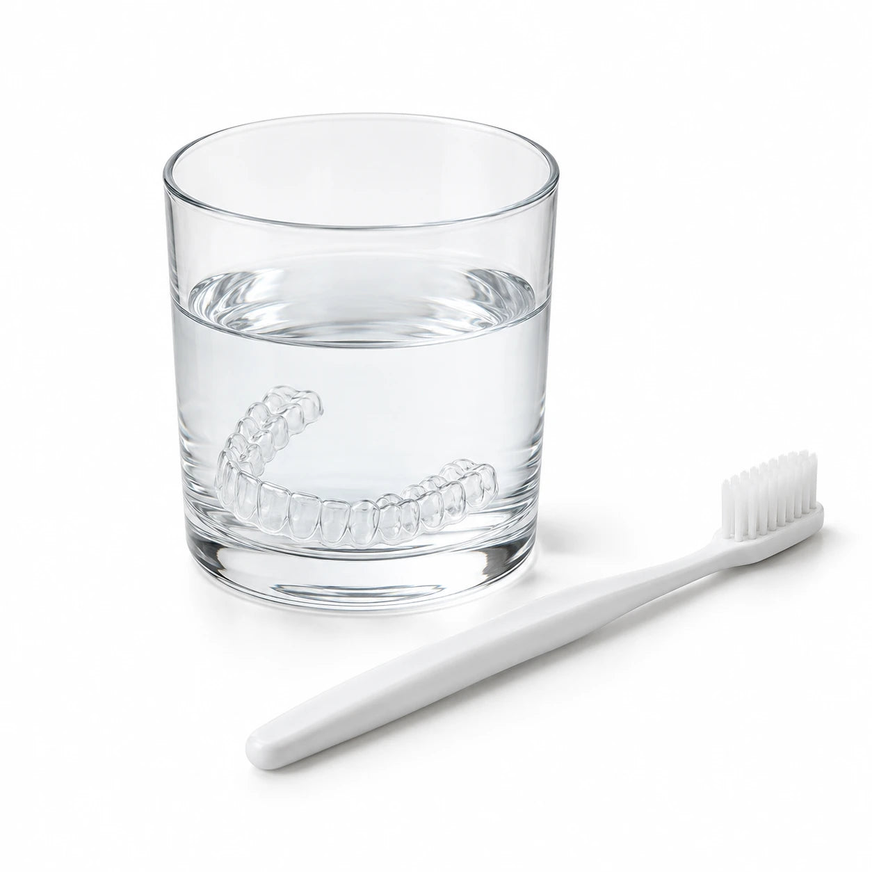 White toothbrush and soaking glass in a matching white studio