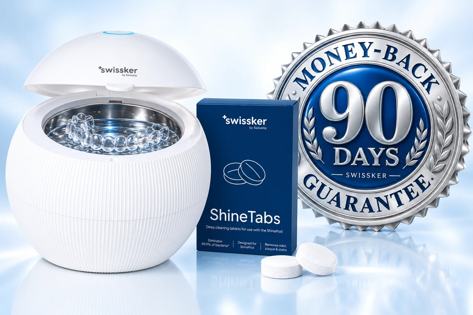 Open ShinePod, ShineTabs and dimensional silver and blue 90-day money-back guarantee badge